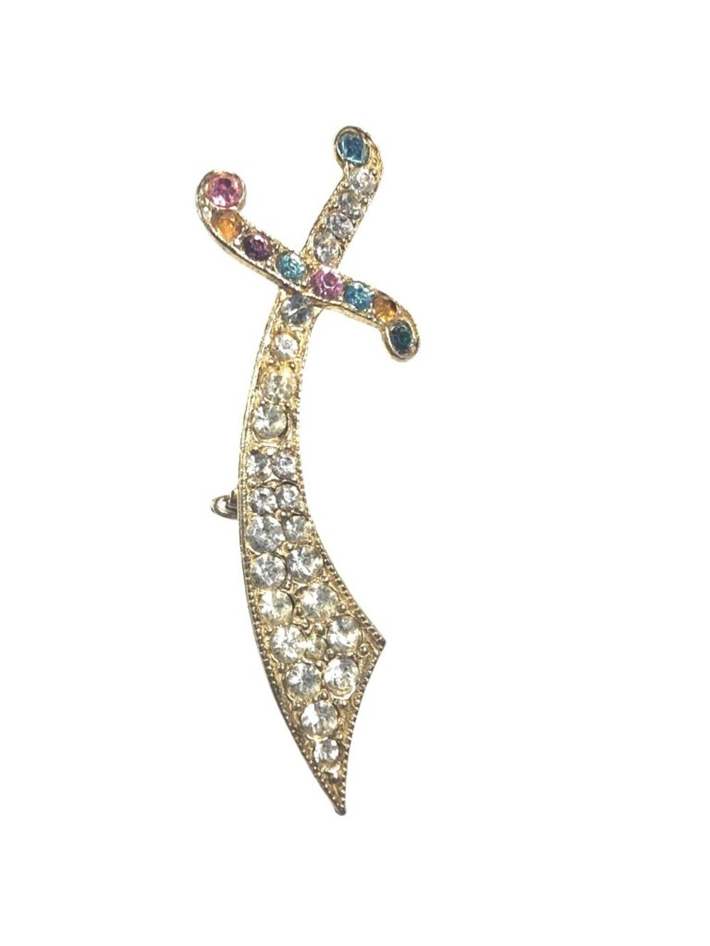 Sword scimitar Brooch Pin Gold-Tone Multicolor Rhinestones statement jewelry